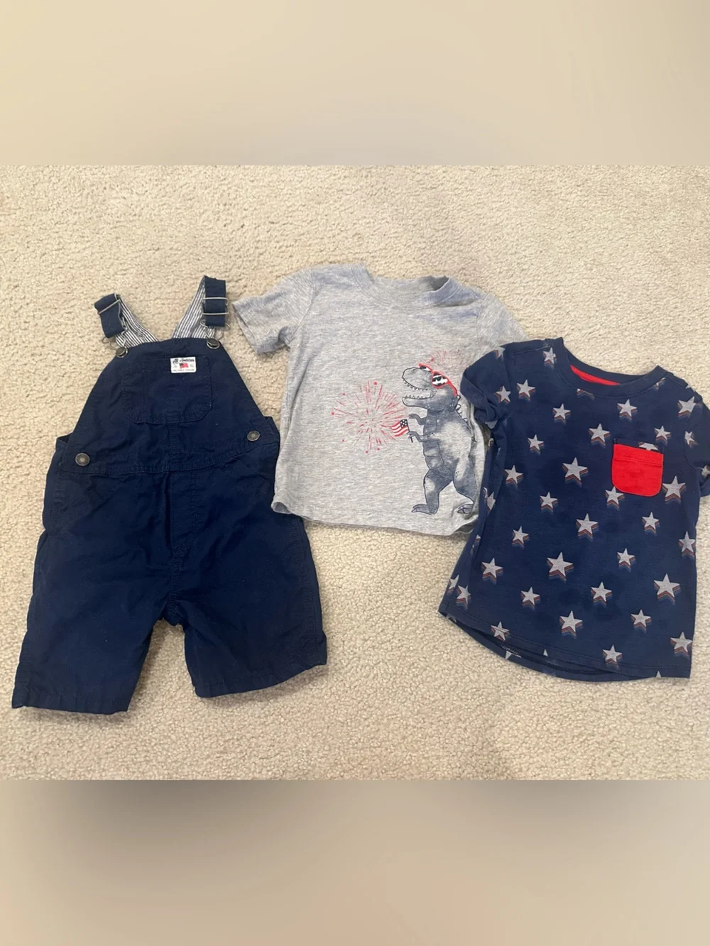 Carter's Navy overalls with Blue and Gray Tees